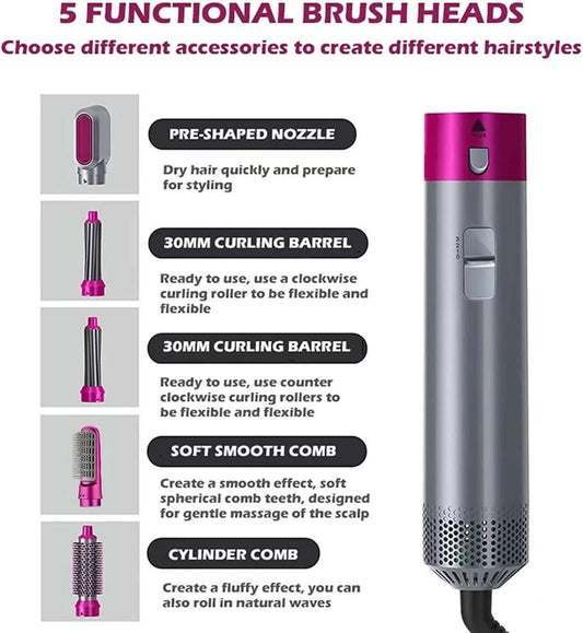 5-in-1 Multifunctional Hair Dryer & Styling Tool – Hot Air Comb, Negative Ion Curler, Straightener & Volumizer | Professional Salon-Quality Blow Dryer for Women (Grey)